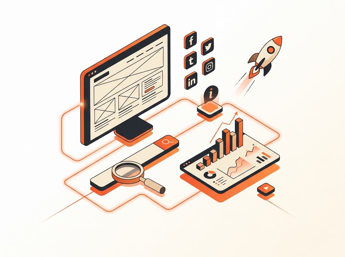 Connected digital growth system spanning web, search, social media, analytics, and launch