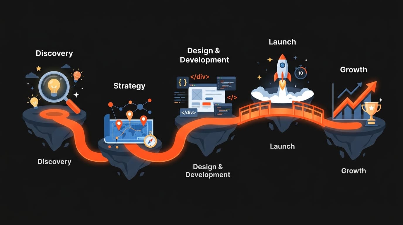 Five-stage delivery path from discovery and strategy through design, launch, and growth